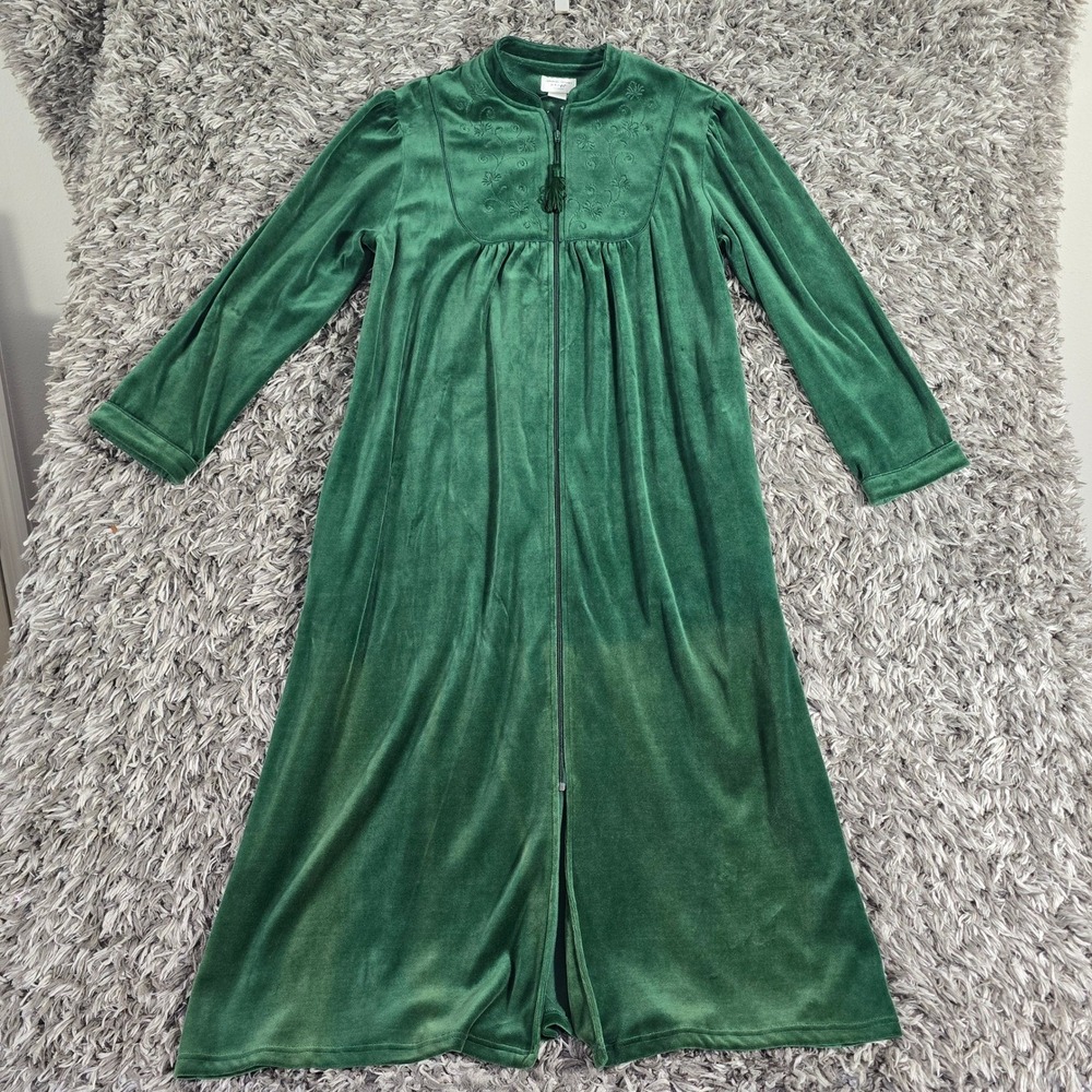 Amanda Stewart Intimates Green Velour Zip Front Robe Embroidered Maxi Sz L
